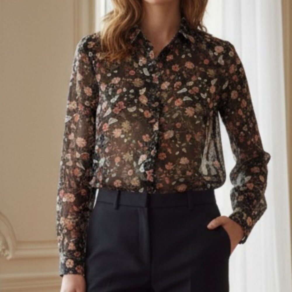 Soft Surroundings Black Floral Sheer Long Sleeve Button Front Long Sleeve Top Me